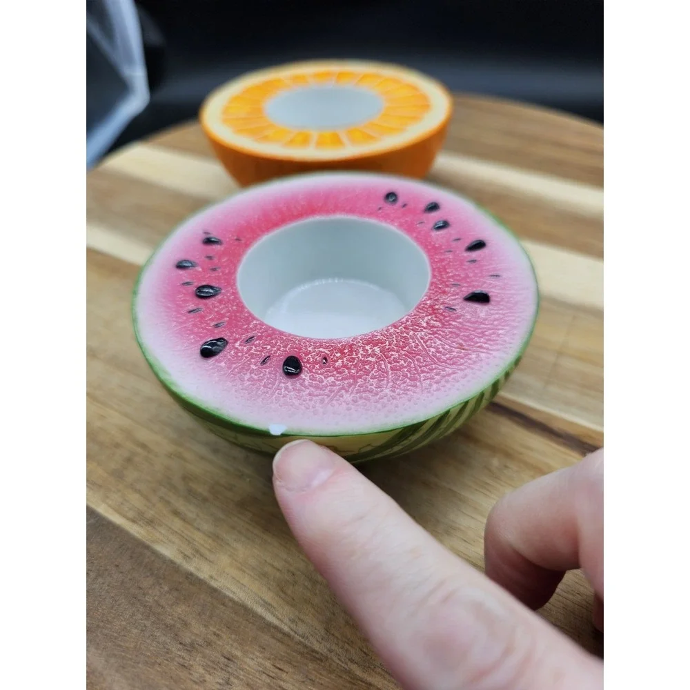 Vintage Pair Of Ceramic Partylite Fruit Votive Candle Holder Orange & Watermelon - Picture 3 of 8